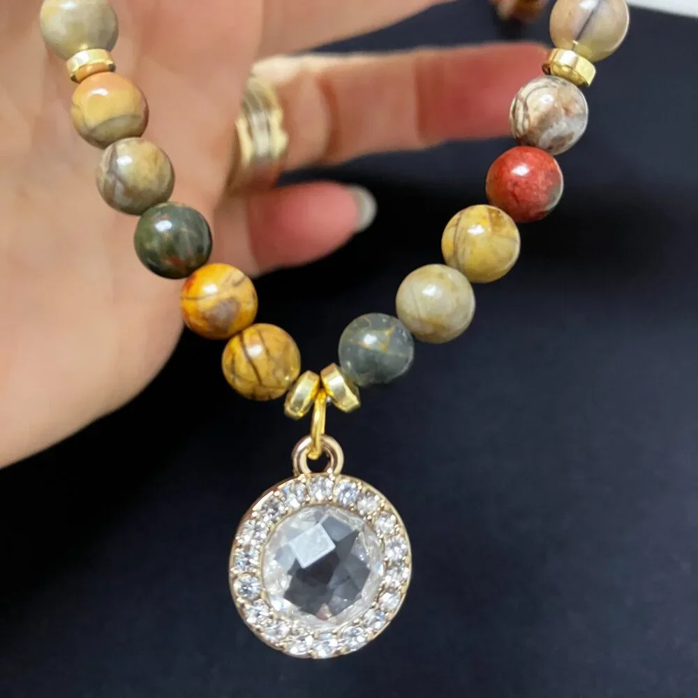 AGATE 6mm Beaded Necklace Bracelet CZ Dangle Pendant Stretch Handmade Brand NEW